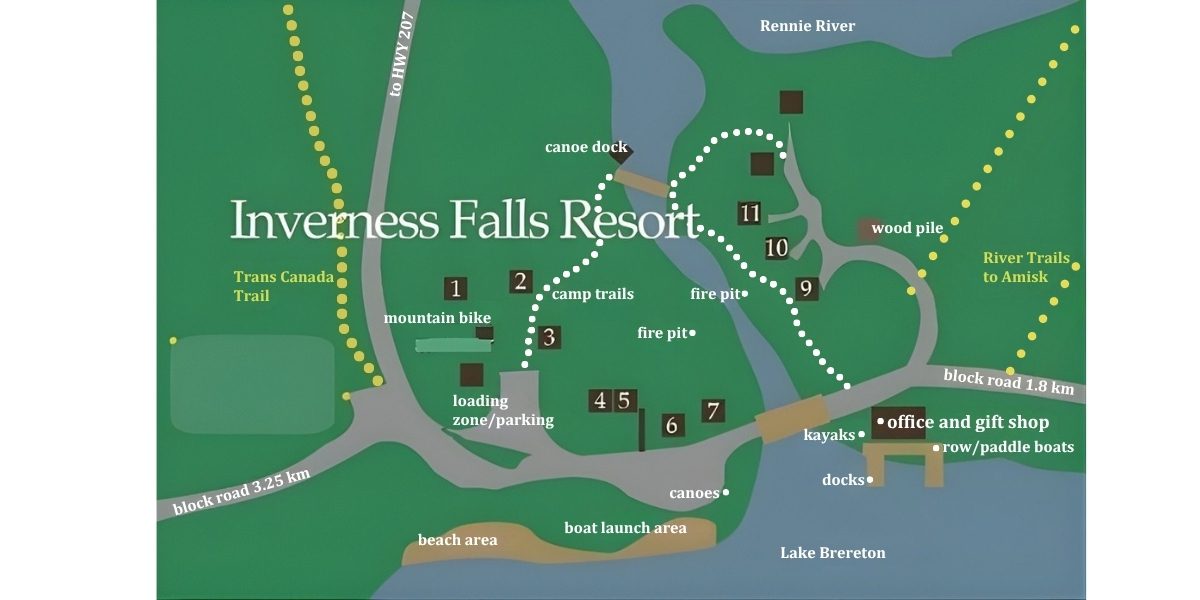 Graphic design site map of Inverness Falls Resort.