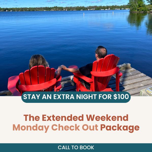 Graphic ad with two people sitting in oversized chairs on the deck at Inverness Falls Resort. The ad copy says: Stay an extra night for $100. The extended Weekend Monday Check Out Package. Call to Book.