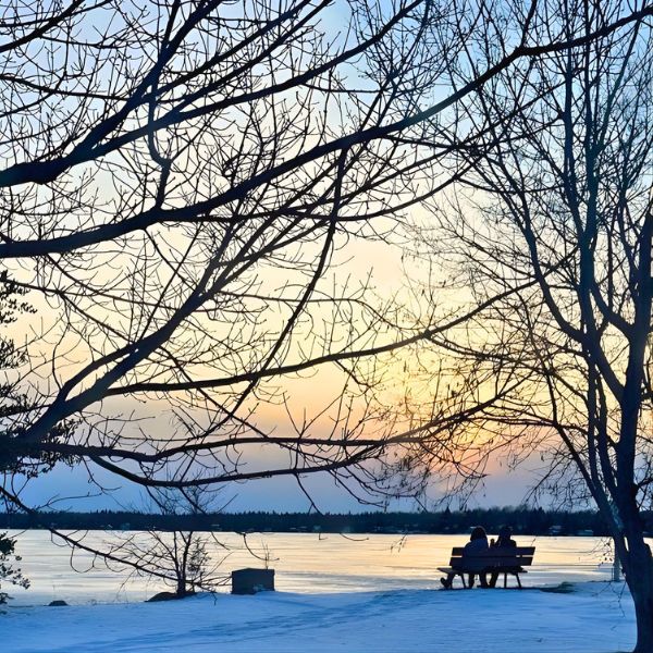 Winter landscape with a couple seating on a bench looking out across the lake.