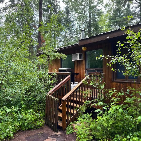 Exterior of one of Inverness Falls Resort's chalets surrounded by trees.