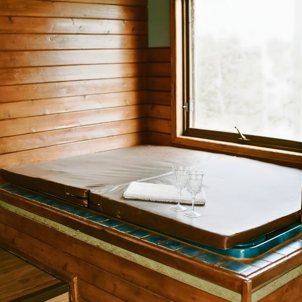 An indoor hot tub with a plastic wine glass, which are common amenities during Inverness Falls Resort romantic getaways.
