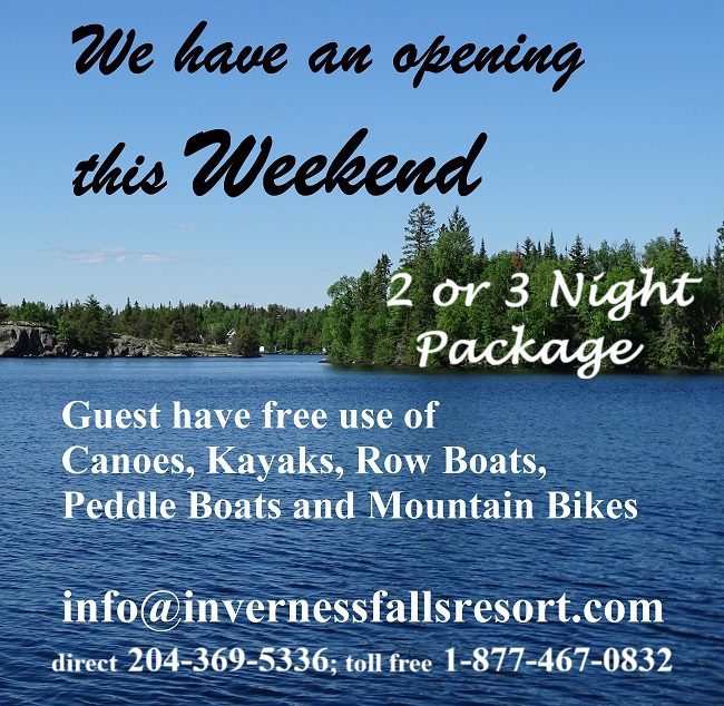 Graphic image of Brereton Lake announcing May Long Weekend openings at Inverness Falls Resort in Whiteshell Provincial Park.